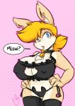  1girl 1girl anthro bell big_breasts blonde_hair blue_eyes breasts brown_fur buzz_brambles_(pookahforhire) cat_lingerie clothing collar dialogue duckdraw fur furry hair keyhole_lingerie lagomorph lingerie mammal nipple_bulge rabbit 