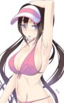 1girl arm_up armpits bikini blue_eyes blush breasts breath brown_hair cleavage double_bun erect_nipples front-tie_bikini hair_bun half-closed_eyes hand_behind_head heavy_breathing large_breasts long_hair looking_to_the_side md5_mismatch mei_(pokemon) navel nose_blush open_mouth pink_bikini pink_lips pokemon pokemon_(game) pokemon_bw2 rosa sideboob signature simple_background solo stomach sweat swimsuit torieto twintails visor_cap white_background