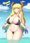 1girl big_breasts bikini black_bikini blonde_hair breasts cute heterochromia horns jcdr looking_at_viewer miss_kobayashi's_dragon_maid multicolored_eyes quetzalcoatl_(dragon_maid) smile water