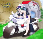 big_breasts black_panties blue_skirt blush breast_grab breasts daywalkerrl einstrigger from_behind motorcycle officer_jenny panties panties_aside pants_down pokemon pokemon_(game) porkyman skirt skirt_lift sweat sweating topless vaginal