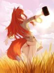  1girl 1girl 1girl animal_ears ass bottomless brown_hair cloud cloudy_sky cup english feguimel goddess high_resolution holding holding_cup holo long_hair long_sleeves looking_at_viewer open_mouth outside shirt sky spice_and_wolf standing sun t-pose tail wheat_field wide_sleeves wolf_ears wolf_girl wolf_tail 