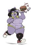  1_girl 1girl 2016 anthro beverage big_breasts black_hair breasts burger cat catty_(undertale) chest_tuft chubby chubby_anthro chubby_female clothing eyelashes fangs felid feline felis female food footwear fur hair hamburger legwear looking_at_viewer mammal mangneto monster monster_girl multicolored_hair overalls overweight platter purple_fur purple_hair running shoes simple_background slit_pupils smile socks soda thick_thighs tray tuft two_tone_hair undertale undertale_(series) video_games white_background yellow_eyes yellow_sclera 