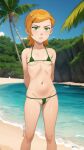 1girl ai_generated aim_patreon arms_behind_back ass_visible_through_thighs beach ben_10 bikini breasts cloud female_focus green_bikini green_eyes gwen_tennyson looking_at_viewer micro_bikini navel orange_hair outside pedofhilia small_breasts standing