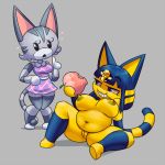  animal_crossing ankha ankha_(animal_crossing) anthro areola big_breasts breasts cat duo eating erect_nipples feline female flying_sweatdrops food fruit gold_nipples grey_background lolly_(animal_crossing) mammal navel nintendo nipples nude overweight peach_(fruit) pussy simple_background smile sweat sweatdrop teckworks video_games yellow_nipples 