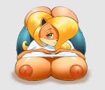  1girl 1girl 2016 anthro areola ass ass_up bandicoot bent_over big_ass big_breasts blonde_hair breast_rest breast_squish breasts brown_fur clothed clothing coco_bandicoot crash_bandicoot_(series) exposed_breasts eyebrows eyelashes fur furry green_eyes hair hair_over_eye hand_on_breast huge_breasts inverted_nipples long_hair looking_at_viewer mammal marsupial nipples orange_fur orange_nipples pants_down partially_clothed rezflux shirt simple_background smile thong video_games white_background 