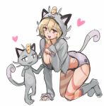 :3 akuma_no_riddle all_fours alolan_meowth alolan_pokemon alolan_porkyman cosplay crossover cute heart hoodie looking_at_viewer meowth nio_hashiri panties pokemon pokemon_sm porkyman