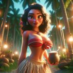  ai_generated bare_midriff beach big_breasts big_hips brown_eyes brown_skin disney long_hair looking_at_viewer miniskirt moana_(disney) moana_waialiki palm_tree smile 