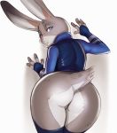 1girl 1girl against_wall anthro ass big_ass bottomless clothed clothing cosplay disney fur furry judy_hopps lagomorph legwear looking_at_viewer looking_back mammal police_outfit rabbit rear_view rhodesio shirt simple_background slim stockings wide_hips zootopia