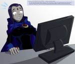 big_breasts breasts computer dc dc_comics imageboard_colors leotard raven_(dc) ravenravenraven shocked teen_titans text