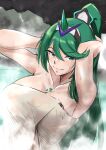 1girl 1girl alluring arms_behind_head big_breasts blush breasts breasts_apart brown_eyes censored cleavage gem green_eyes green_hair hair_ornament headpiece high_res jewelry long_hair looking_at_viewer nintendo onsen outstretched_arms pneuma_(xenoblade) ponytail rock spoilers spread_arms swept_bangs tiara towel vialnite water wet xenoblade_(series) xenoblade_chronicles_2