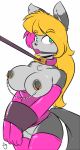  1girl anthro areola ball_gag blonde_hair blush breasts cat collar duckdraw feline furry gag green_eyes grey_nipples hair leash mammal nipple_chain nipple_piercing nipples piercing pink_hair simple_background white_background 