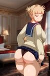  1girl ass blonde_hair female_focus himiko_toga looking_back miniskirt my_hero_academia naughty_face pinkpawg room school_uniform skirt_lift underwear yellow_eyes 