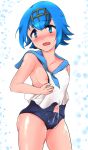 ass blue_swimsuit blush cum flashing futanari lana no_bra one-piece_swimsuit penis pokemon pokemon_sm porkyman precum sleeveless_shirt small_breasts suiren_(pokemon) sweat sweating swimsuit wavy_mouth