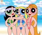 3_girls beach bigtyme bikini black_hair blonde_hair blossom_(ppg) blue_bikini blue_eyes bob_cut bubbles_(ppg) buttercup_(ppg) cartoon_network eyelashes female_only green_bikini green_eyes looking_at_viewer micro_bikini multiple_girls older powerpuff_girls red_bikini red_eyes red_hair siblings sisters sling_bikini teen thong_bikini tied_hair twin_tails