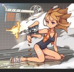  1girl anklet arm_cannon blue_eyes brown_hair cyborg_(designation) earrings exposed_parts firing gatling_gun gun jewelry nancou_(nankou) original sandals shell_casing short_hair sitting swimsuit toenail_polish vest weapon 