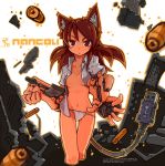  &gt;:( 1girl android animal_ears arm_cannon artist_name brown_eyes brown_hair dress_shirt exposed_parts fake_animal_ears gun long_hair nancou_(nankou) open_clothes open_shirt original panties printed_panties ringed_eyes shell_casing shirt underwear usb weapon 