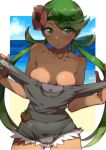 1girl areolae bare_shoulders beach breasts dark_skin flower green_eyes green_hair hair_flower hair_ornament long_hair mallow mallow_(pokemon) mao_(pokemon) medium_breasts nail_polish ocean pokemon pokemon_(game) pokemon_sm solo spats_sansei twintails