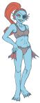 1girl 2d 2d_(artwork) abs anthro anthro_only artist_request bikini black_eyepatch blue_body blue_skin ear_fins eyepatch female_only fins fish fish_girl head_fins long_hair muscular muscular_female red_hair sharp_teeth simple_background smile solo_anthro solo_female undertale undertale_(series) undyne video_game_character video_games white_background yellow_sclera yellow_teeth