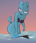 <3 <3_eyes 1girl 1girl 2017 anthro ass bikini blue_fur bottomless breasts cartoon_network cat cleavage clothed clothing dbaru digital_media_(artwork) feline fur furry half-closed_eyes looking_at_viewer mammal nicole_watterson raised_tail red_eyes simple_background smile swimsuit the_amazing_world_of_gumball undressing water whiskers zeigram