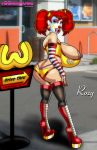 1girl big_breasts breast breasts clown eyebrows eyelashes fetish gloves high_heels huge huge_breasts lingerie makeup mascots massive_breasts mcdonald's nipples pigtails rack sandybelldf text