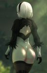  1girl android ass back_cutout black_legwear blindfold from_behind hairband high_res highleg highleg_leotard leotard long_sleeves nier:_automata nier_(series) razalor shade short_hair silver_hair stockings sunlight yorha_no._2_type_b 