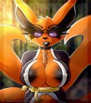  1girl 2017 anthro areolae big_breasts black_lips blurry_background breasts canine chain collar fox furry high_res huge_breasts hypnotic_eyes kurama lips long_eyelashes looking_at_viewer mammal multi_tail naruto outside patreon pointy_ears presenting rinnegan signature smile smirk standing text vrabo web_address web_address_with_path 