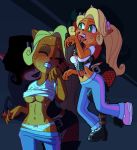 1girl 5_fingers anthro bandicoot belt black_boots black_hair black_nose black_shorts blonde_hair blue_pants boots breasts buckle clenched_teeth closed_eyes clothing coco_bandicoot colored_nails crash_bandicoot_(series) curly_hair digital_media_(artwork) dual_persona duo evil_coco fangs female/female fishnet flower flower_in_hair footwear fur furry goth green_eyes hair hair_ornament hand_holding humanoid_hands kempferzero legwear lips long_hair mammal marsupial multicolored_fur navel orange_fur panties pants pantyhose pink_nose pink_shoes plant ponytail portrait shirt shoes shorts solo_focus standing sweat t-shirt tan_fur teeth thigh_high_boots three-quarter_portrait underboob underwear video_games white_panties white_shirt