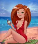 beach big_breasts breasts cleavage erect_nipples female green_eyes gzone kim_possible kimberly_ann_possible lotion nipples one-piece_swimsuit red_hair red_swimsuit redhead solo sunscreen sunscreen_lotion swimsuit