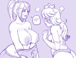 2_girls ass big_breasts blockdevil breasts crown earrings jewelry mario_(series) metroid monochrome multiple_girls nipples princess_peach samus_aran super_mario_bros. super_smash_bros. thong yuri