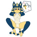 1girl 2017 animal_crossing ankha ankha_(animal_crossing) anthro bandage barefoot blush bottomless breasts cat clothed clothing digital_media_(artwork) egyptian exhibitionism eyebrows eyelashes feline fur furry gloves hands_behind_head heart innuendo legwear loincloth looking_at_viewer m0n1e mammal nintendo pose presenting presenting_crotch simple_background stockings striped_hair striped_tail stripes teasing video_games yellow_fur