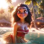  ai_generated bare_midriff beach big_hips breasts brown_eyes brown_skin disney long_hair looking_at_viewer miniskirt moana_(disney) moana_waialiki palm_tree smile 