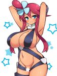 1girl armpits arms_behind_head arms_up blue_eyes blush breasts censored chro_(rulurullu) fuuro_(pokemon) groin hair_ornament huge_breasts long_hair looking_at_viewer naked_suspenders navel pokemon pokemon_(game) pokemon_bw red_hair sidelocks skyla smile solo star star_censor suspenders