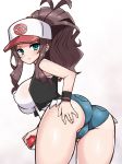  1girl aqua_eyes ass ass_grab back bare_legs bare_shoulders baseball_cap black_vest blue_shorts blush breasts brown_hair butt_crack cameltoe chro_(rulurullu) covered_navel denim denim_shorts erect_nipples female from_behind green_eyes hat high_ponytail hilda holding holding_poke_ball huge_ass large_breasts leaning_forward long_hair looking_at_viewer looking_back nintendo parted_lips poke_ball pokemon pokemon_(game) pokemon_bw ponytail shiny_skin shirt short_shorts shorts skin_tight sleeveless sleeveless_shirt solo touko_(pokemon) vest white_shirt wristband 