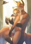 1girl 5_fingers anthro blonde_hair blue_eyes breasts canine fox fur furry green_eyes hair male mammal nipples orange_fur penis shower smile woadedfox