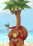 1girl 1girl 1girl 2016 absurd_res alolan_exeggutor alolan_form anthro bikini blush breasts brown_skin cleavage clothed clothing cloud dragon exeggutor flora_fauna green_eyes high_res huge_breasts lips live_for_the_funk long_neck looking_back nails navel nintendo open_mouth outside plant pokemon pokemon_sm pokemorph pussy pussy_floss red_lips saliva scalie sideboob simple_background sky swimsuit text thick_thighs tongue video_games what wide_hips yaranaika yellow_skin