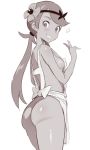 1girl apron ass blush breasts butt_crack covered_nipples cute dark-skinned_female dark_skin flower from_side green_eyes green_hair hair_flower hair_ornament happy long_hair looking_at_viewer looking_back looking_to_the_side mallow mallow_(pokemon) mao_(pokemon) monochrome naked_apron noripachi perky_breasts pokemon pokemon_sm shiny shiny_skin sideboob simple_background small_breasts smile solo sparkle strap_gap swept_bangs teeth twin_tails twitter v white_background