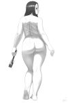 1girl 1girl 1girl ass back barefoot blush feet greyscale hammer high_resolution long_hair looking_at_viewer looking_back lvl_(sentrythe2310) monochrome nude original scar simple_background tools white_background