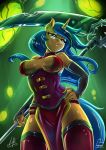 1girl 1girl 2017 anthro anthrofied armwear blue_hair breasts cleavage clothed clothing elbow_gloves equine eyewear fan_character fangs furry glasses gloves hair high_res horn horse light262 looking_at_viewer low-angle_view mammal melee_weapon my_little_pony polearm scythe succubus unicorn weapon worm's-eye_view