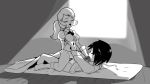 artist_request big_breasts bottomless breast_grab breasts breasts_grab calem calme_(pokemon) cowgirl_position girl_on_top monochrome on_top pokemon pokemon_(game) pokemon_xy ponytail porkyman serena serena_(pokemon) sex vaginal vaginal_sex