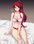  1girl 1girl alluring big_breasts blush cleavage green_eyes looking_at_viewer ponytail pyrrha_nikos red_hair rwby sitting_on_bed sonicheroxd underwear voluptuous 