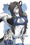 1girl 1girl 2017 anthro areola big_breasts black_fur blue_eyes bra breasts brown_fur brown_hair cat_keyhole_bra clothed clothing fangs feline fur furry hair half-closed_eyes legwear leopard long_hair looking_at_viewer mammal navel nipples pink_nipples pussy satsukii scar smile snow_leopard spots translucent transparent_clothing underwear white_fur