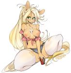 1girl 2017 anthro areola breasts chest_tuft clothed clothing digital_media_(artwork) equine fur furry hair horse jeans kneel legwear looking_at_viewer mammal nipples open_shirt pants shirt shorts simple_background slugbox spread_legs spreading stockings tuft