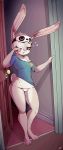 1girl 1girl 2017 anthro areola blush breasts cameltoe clothed clothing digital_media_(artwork) disney doorway english_text eyelashes fur furry gif judy_hopps lagomorph long_ears looking_at_viewer mammal navel nipples nude panties purple_eyes pussy rabbit secretly_saucy shirt signature sleep_mask small_breasts smile standing text tired underwear wide_hips zootopia