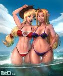 2017 2girls abs applejack bikini blonde_hair cowboy_hat david_delanty elf elf_ears friendship_is_magic humanized megasweet multiple_girls my_little_pony nude ocean water