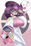 1girl aether_foundation big_breasts breasts glasses green_eyes pokemon pokemon_sm purple_hair sonson-sensei wicke