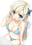  anime big_breasts bikini blonde blonde_hair blue_bikini blush breasts chair cleavage ecchi eyebrows_visible_through_hair eyes_visible_through_hair fang hairpin looking_at_viewer looking_up mad side-tie_bikini sit sitting sitting_down table twitter 