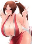  1girl bare_shoulders blush breasts brown_hair center_opening double_v fatal_fury gigantic_breasts huge_breasts king_of_fighters leaning_forward long_hair long_ponytail ninja ogura_anko ponytail purple_eyes shiny shiny_skin shiranui_mai simple_background standing thighs v white_background 