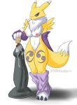  1girl 1girl 2017 anthro big_breasts blue_eyes blush breasts canine clothing digimon dildo fox fur furry lube mammal nipples nude renamon sex_toy simple_background standing tuft white_background white_fur yellow_fur yiffmasters 