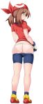  ass bandanna bike_shorts bike_shorts_pull blush butt_crack cute edit endou_masatoshi haruka_(pokemon) looking_at_viewer looking_back no_panties pokemon porkyman pussy shorts shorts_pull simple_background standing white_background 