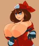 1girl areola_slip areolae blue_eyes breasts brown_background brown_hair bursting_breasts cleavage game_freak gloves haruka_(pokemon) huge_breasts humans_of_pokemon jacket large_areolae large_breasts large_nipples may_(pokemon) nintendo nipple_slip nipples parted_lips plantpenetrator pokemon pokemon_(anime) pokemon_diamond_pearl_&_platinum pokemon_dppt puffy_areolae red_jacket short_hair simple_background solo wardrobe_malfunction